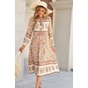 image:imageRVivimos Womens Long Sleeves Floral Print Retro V Neck Tassel Casual Bohemian Midi DressesCream