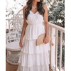 image:imageRVivimos Womens Summer Cotton Spaghetti Straps VNeck Layered Ruffle Hem Boho Swing Midi DressWhite