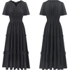 image:imageRVivimos Womens Summer Cotton V Neck Short Sleeve Boho Floral Print Elastic Smocked Waist ALine Midi Dress with PocketsBlack
