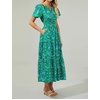 image:imageRVivimos Womens Summer Cotton V Neck Short Sleeve Boho Floral Print Elastic Smocked Waist ALine Midi Dress with PocketsGreenfloral