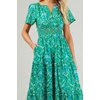 image:imageRVivimos Womens Summer Cotton V Neck Short Sleeve Boho Floral Print Elastic Smocked Waist ALine Midi Dress with PocketsGreenfloral