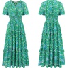 image:imageRVivimos Womens Summer Cotton V Neck Short Sleeve Boho Floral Print Elastic Smocked Waist ALine Midi Dress with PocketsGreenfloral