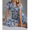 image:imageRVivimos Womens Summer Cotton V Neck Short Sleeve Boho Floral Print Elastic Smocked Waist ALine Midi Dress with PocketsLightbluefloral