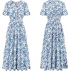 image:imageRVivimos Womens Summer Cotton V Neck Short Sleeve Boho Floral Print Elastic Smocked Waist ALine Midi Dress with PocketsLightbluefloral