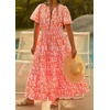image:imageRVivimos Womens Summer Cotton V Neck Short Sleeve Boho Floral Print Elastic Smocked Waist ALine Midi Dress with PocketsPinkfloral