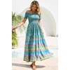 image:imageRVivimos Womens Summer Maxi OffShoulder Dresses Short Sleeve Empire Waist Boho Floral Print Casual Smocked Flowy DressesTeal