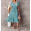 image:imageRVivimos Womens Summer Smocked Short Sleeve V Neck Casual Ruffle Patchwork Flowy Midi DressLightblue