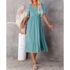 image:imageRVivimos Womens Summer Smocked Short Sleeve V Neck Casual Ruffle Patchwork Flowy Midi DressLightblue
