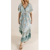 image:imageRVivimos Womens Summer V Neck Maxi Dress Boho Floral Print Short Sleeve Elastic Waist Ruffle Patchwork ALine Beach DressBlueturquoise