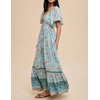 image:imageRVivimos Womens Summer V Neck Maxi Dress Boho Floral Print Short Sleeve Elastic Waist Ruffle Patchwork ALine Beach DressBlueturquoise
