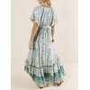image:imageRVivimos Womens Summer V Neck Maxi Dress Boho Floral Print Short Sleeve Elastic Waist Ruffle Patchwork ALine Beach DressBlueturquoise