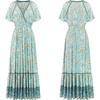 image:imageRVivimos Womens Summer V Neck Maxi Dress Boho Floral Print Short Sleeve Elastic Waist Ruffle Patchwork ALine Beach DressBlueturquoise