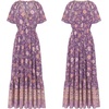 image:imageRVivimos Womens Summer V Neck Maxi Dress Boho Floral Print Short Sleeve Elastic Waist Ruffle Patchwork ALine Beach DressDark Purple