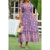 image:imageRVivimos Womens Summer V Neck Maxi Dress Boho Floral Print Short Sleeve Elastic Waist Ruffle Patchwork ALine Beach DressDark Purple