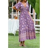 image:imageRVivimos Womens Summer V Neck Maxi Dress Boho Floral Print Short Sleeve Elastic Waist Ruffle Patchwork ALine Beach DressDark Purple