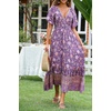 image:imageRVivimos Womens Summer V Neck Maxi Dress Boho Floral Print Short Sleeve Elastic Waist Ruffle Patchwork ALine Beach DressDark Purple