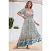 image:imageRVivimos Womens Summer V Neck Maxi Dress Boho Floral Print Short Sleeve Elastic Waist Ruffle Patchwork ALine Beach DressGreen
