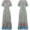 image:imageRVivimos Womens Summer V Neck Maxi Dress Boho Floral Print Short Sleeve Elastic Waist Ruffle Patchwork ALine Beach DressGreen