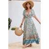 image:imageRVivimos Womens Summer V Neck Maxi Dress Boho Floral Print Short Sleeve Elastic Waist Ruffle Patchwork ALine Beach DressGreen