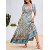 image:imageRVivimos Womens Summer V Neck Maxi Dress Boho Floral Print Short Sleeve Elastic Waist Ruffle Patchwork ALine Beach DressGreen