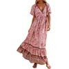 image:imageRVivimos Womens Summer V Neck Maxi Dress Boho Floral Print Short Sleeve Elastic Waist Ruffle Patchwork ALine Beach DressPink