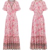 image:imageRVivimos Womens Summer V Neck Maxi Dress Boho Floral Print Short Sleeve Elastic Waist Ruffle Patchwork ALine Beach DressPink