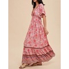 image:imageRVivimos Womens Summer V Neck Maxi Dress Boho Floral Print Short Sleeve Elastic Waist Ruffle Patchwork ALine Beach DressPink