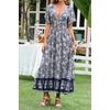 image:imageRVivimos Womens Summer V Neck Maxi Dress Boho Floral Print Short Sleeve Elastic Waist Ruffle Patchwork ALine Beach DressSmoke Black