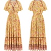 image:imageRVivimos Womens Summer V Neck Maxi Dress Boho Floral Print Short Sleeve Elastic Waist Ruffle Patchwork ALine Beach DressYellow