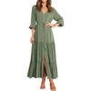 image:imageRVivimos Maxi Dress for Women Long Sleeve V Neck Drawstring Button Up Casual Split Flowy DressArmygreen