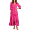 image:imageRVivimos Maxi Dress for Women Long Sleeve V Neck Drawstring Button Up Casual Split Flowy DressHot Pink