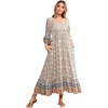 image:imageRVivimos Womens 34 Sleeve Square Neck Midi Dress Boho Casual Floral Print Empire Waist Ruffle Flowy Smocked Long DressesBeige