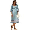 image:imageRVivimos Womens 34 Sleeve Square Neck Midi Dress Boho Casual Floral Print Empire Waist Ruffle Flowy Smocked Long DressesLightblue