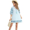 image:imageRVivimos Womens Autumn 34 Sleeve Cotton V Neck Floral Embroidery Casual Tunic DressesBlue
