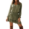 image:imageRVivimos Womens Cotton Long Sleeves V Neck Layered Ruffles Pleated Swing Mini DressArmy Green