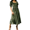 image:imageRVivimos Womens Fall Winter Velvet Dress Puff Sleeve Square Neck Smocked Tiered Ruffle ALine Flowy Midi DressArmygreen