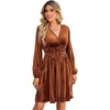 image:imageRVivimos Womens Fall Winter Velvet Striped Mini Dress 2026 Long Sleeve V Neck Elastic High Waist Elegant Casual ALine DressRust