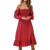 image:imageRVivimos Womens Linen Fall Long Sleeves Stripes Ruffled Boho Casual ALine Flowy Midi DressesBurgundy