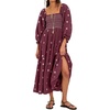 image:imageRVivimos Womens Long Sleeve Cotton Boho Midi Dress Vintage Square Neck Floral Embroidered Tiered Ruffle Flowy Pockets DressWine Red