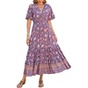 image:imageRVivimos Womens Summer Cotton Short Sleeve V Neck Floral Print Casual Bohemian Midi DressesDarkpurple