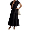 image:imageRVivimos Womens Summer Cotton V Neck Short Sleeve Boho Floral Print Elastic Smocked Waist ALine Midi Dress with PocketsBlack