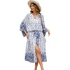 image:imageRVivimos Womens Vintage Floral Print Beach Boho Cardigan Kimono Maxi Swimwear Cover up Dress WrapWhiteblue