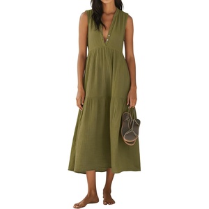 image:imageRVivimos 2026 Summer Cotton Maxi Dresses for Women Casual Sleeveless Button V Neck Tiered Loose Flowy Beach Long DressArmy Green