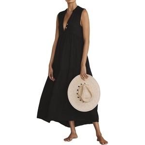 image:imageRVivimos 2026 Summer Cotton Maxi Dresses for Women Casual Sleeveless Button V Neck Tiered Loose Flowy Beach Long DressBlack