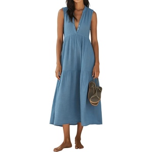 image:imageRVivimos 2026 Summer Cotton Maxi Dresses for Women Casual Sleeveless Button V Neck Tiered Loose Flowy Beach Long DressBlue