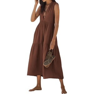 image:imageRVivimos 2026 Summer Cotton Maxi Dresses for Women Casual Sleeveless Button V Neck Tiered Loose Flowy Beach Long DressBrown