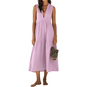 image:imageRVivimos 2026 Summer Cotton Maxi Dresses for Women Casual Sleeveless Button V Neck Tiered Loose Flowy Beach Long DressLavender
