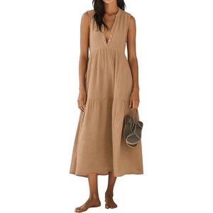 image:imageRVivimos 2026 Summer Cotton Maxi Dresses for Women Casual Sleeveless Button V Neck Tiered Loose Flowy Beach Long DressLight Khaki