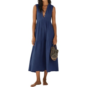 image:imageRVivimos 2026 Summer Cotton Maxi Dresses for Women Casual Sleeveless Button V Neck Tiered Loose Flowy Beach Long DressNavy Blue