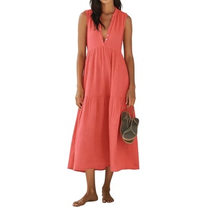 image:imageRVivimos 2026 Summer Cotton Maxi Dresses for Women Casual Sleeveless Button V Neck Tiered Loose Flowy Beach Long DressOrange